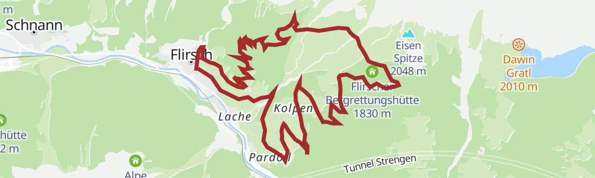Route map: Flirsch - Große Baumwiesen - Flirscher Skihütte -Kolpen - Flirsch
